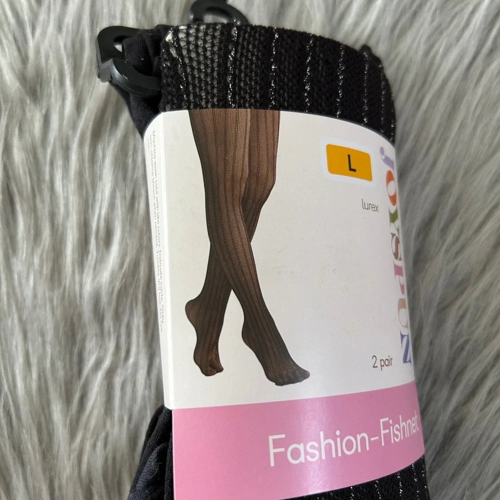 Joyspun Black Tights Womens Size Large 2 Pair Fishnet & Opaque